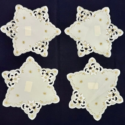 "Juego de 4 tapetes de mesa alemanes bordados de Navidad en forma de estrella hilo dorado de 9""" Foto 1 de 4