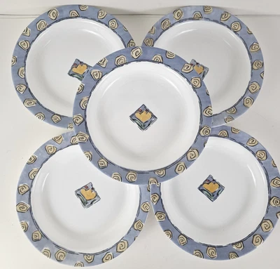 Lot 5 Corelle Corning Watercolors 8/5" Rimmed Soup/Pasta Bowl Blue Floral Border - Image 1 of 4