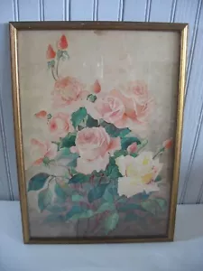 Acuarela Japonesa Vintage Firmada y con Sello Rojo ROSA Amarillo - Imagen 1 de 12