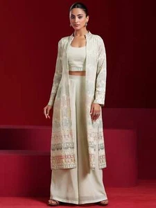 Libas Art Sea Green Solid Georgette 3 Piece Co-Ords - Picture 1 of 8