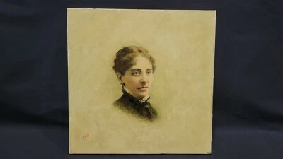 Antikes Ölgemälde auf Fliese, Ein Damenportrait, signiert - Bild 1 von 4