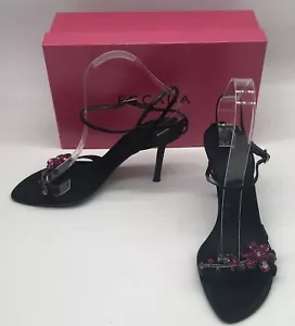 escada black satin ankle strap bejeweled purple red flower sandal heel sz 38 - Picture 1 of 6