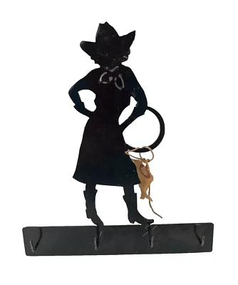 Estatuilla de metal vintage de vaca niña colgante de pared llavero estante 4 ganchos occidental Foto 1 de 4