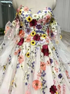 Multi- colored 3D Floral Wedding Gown Sweetheart Neckline Sweep Train Bride Gown - Image 1 of 4