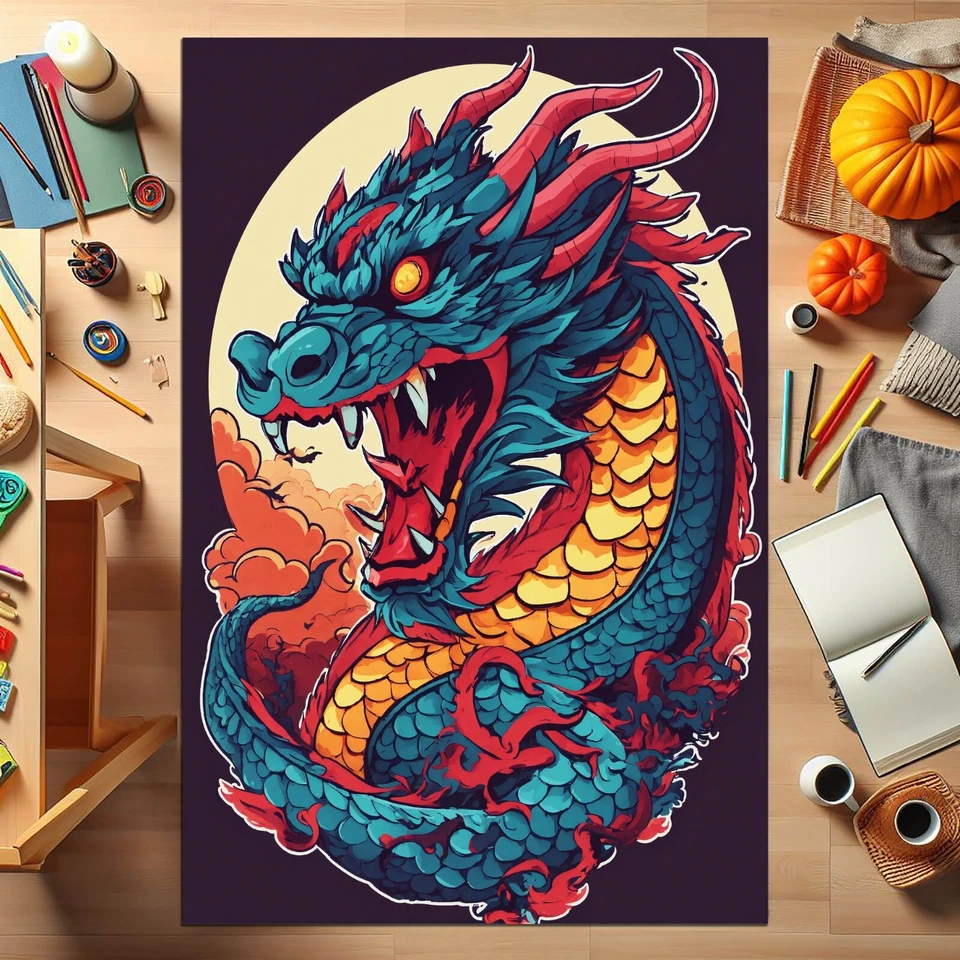 Tapete Dragão, Tapete Dragão Japonês, Tapete Azul, Tapete Animal, Tapete Decoração Animal, Vida - Imagem 1 de 4