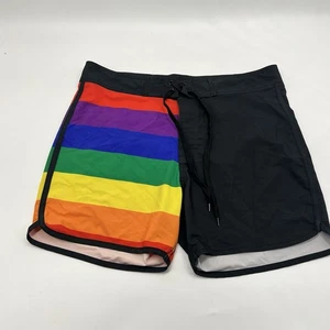 Midnight Hour MEN SIZE 34 Swim Trunks Board Shorts Rainbow Wide Stripes Black - Picture 1 of 11