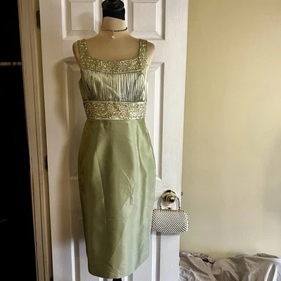 Adrianna Papell Silk Beaded Embroidery Pleated Bodice Green Tea Metallic Dress 8 - Image 1 of 4