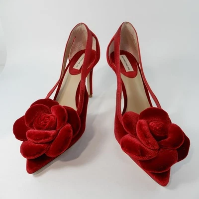 ANTONIO MELANI Ester Velvet Red Flower Heel Pumps Size 6.5 Pointed Toe NEW - Image 1 of 4
