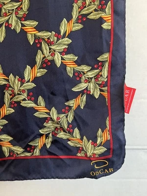 Oscar de la Renta Scarf Red Berry Laurel Navy Blue 100% Silk 52” x 11” Rectangle - Image 1 of 2