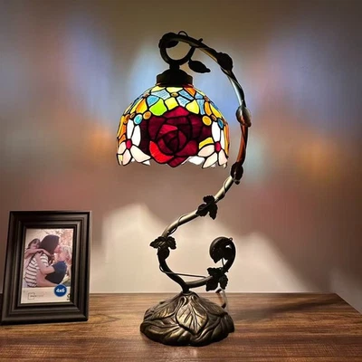 Tiffany Style Table Lamp Stained Glass Rose Flowers LED Bulb 11"W*8"D*21"H - Image 1 of 4