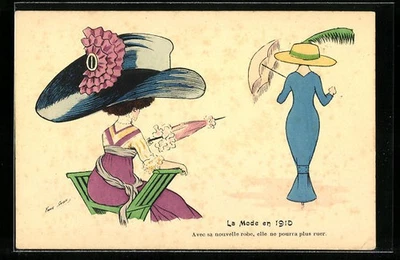 Künstler-AK Xavier Sager: La Mode en 1910, Avec sa nouvelle robe, elle ne pourr  - Bild 1 von 2