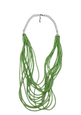 Green Beaded Bib Necklace Multi-Strand Statement Silver Tone 27" Boho Ethnic GUC - Image 1 of 4