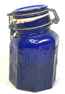Vintage 8 Panel Tilted Cobalt Blue Glass Canister Jar w/ Wire Lid Made in Italy - Picture 1 of 13