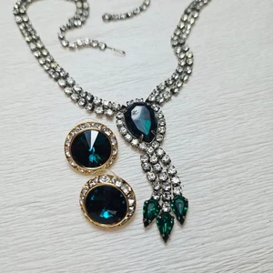 Collar Vintage Estrás Verde Pierced Rivoli Halo Pendientes Plata Tono Dorado - Imagen 1 de 8