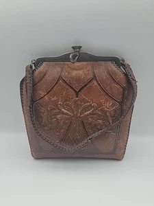 Antique Vintage Floral Meeker Make Tooled Leather Minibag with Lock - Picture 1 of 8