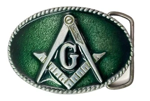 Masonic Belt Buckle Green Enamel Pewter Oval Design Vintage - Picture 1 of 12