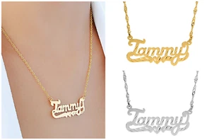 Personalisierte Halskette 14 K Gold Sterlingsilber Schrift beliebiges Namensschild Diamantschliff - Bild 1 von 5