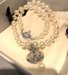 Vivienne Westwood Silver Tone Unisex Beaded One Row Pearl Drop choker Necklace. - Picture 1 of 7
