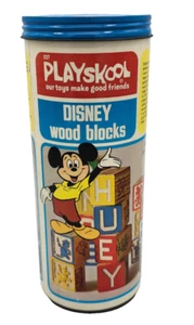 1974 Playskool Set of 16 Wood Blocks with Storage Tube Walt Disney Vintage - Picture 1 of 8