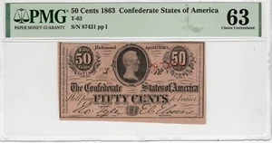 T-63 PF-5 1863 $0.50 Confederate Paper Money - PMG Choice Uncirculated 63! - Picture 1 of 2