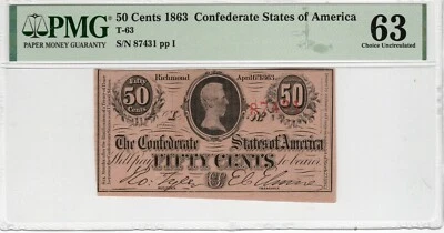 T-63 PF-5 1863 $0.50 Confederate Paper Money - PMG Choice Uncirculated 63! - Image 1 of 2