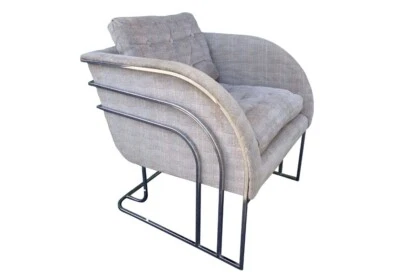 George Mergenov Chrome Frame Lounge Chair Vintage Triple Rail Club Chair Plaid - Image 1 of 4