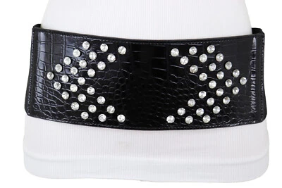 Mujeres Ancho Imitación Cuero Negro Elástico Audaz Estilo Voluminoso Cinturón Flechas Laterales Talla S M Foto 1 de 4