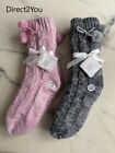 Ladies Womens Lounge Chunky Grip Slipper Bed Socks Cable Knit Pom Poms - Gift