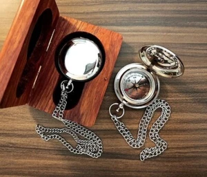 Silver Push Button Compass With Wooden Box Brass Compass With chain Lot of 25 - Picture 1 of 6