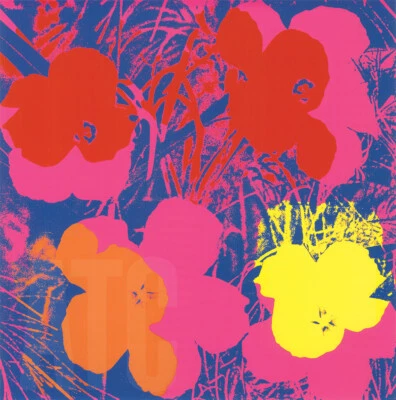 36W"x36H" FLORES 1970 ROJO, AMARILLO, NARANJA SOBRE AZUL por ANDY WARHOL POP ART LIENZO Foto 1 de 4
