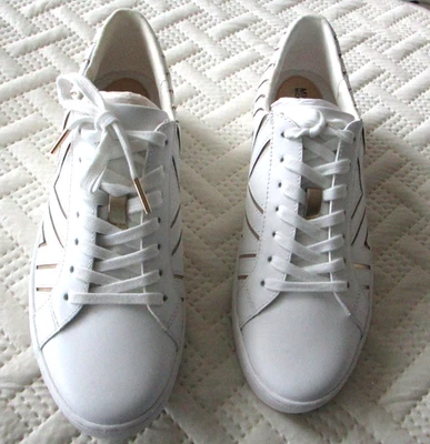 Tênis de grife Michael Kors couro branco dourado Chevron com cadarço 9,5M NOVO - Imagem 1 de 4