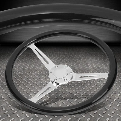 15" BLACK WOOD GRAIN 2"DEEP DISH STAINLESS STEEL 3-SPOKES VINTAGE STEERING WHEEL - Image 1 of 4