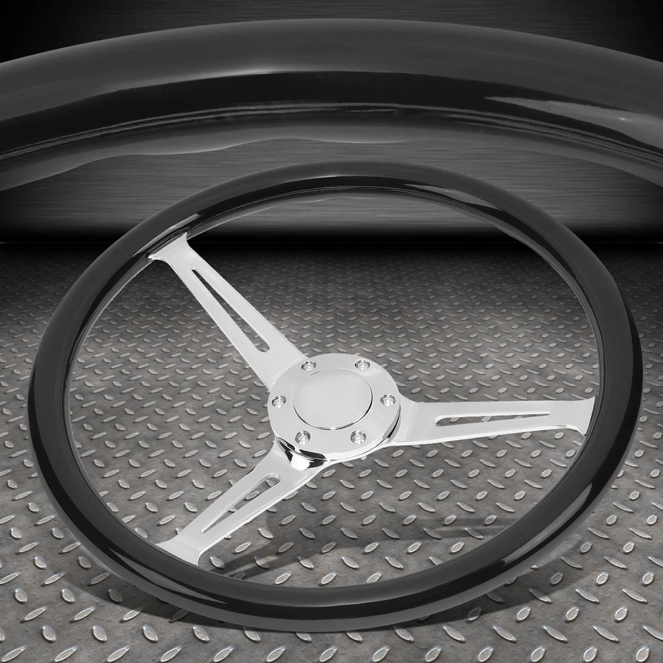 15" BLACK WOOD GRAIN 2"DEEP DISH STAINLESS STEEL 3-SPOKES VINTAGE STEERING WHEEL - Image 1 of 4