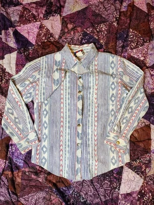 Camisa Western Vintage Wagon Wheels Mujer Pequeña Azul Flecos Boho Defecto a Presión Foto 1 de 4