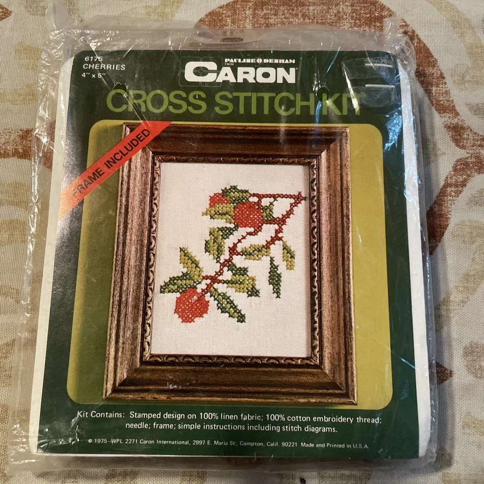 Rare Vintage 1975 NEW IN PACKAGE Caron Cherries Cross Stitch Kit With Frame 4x5’ - Image 1 of 4