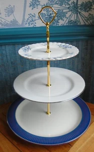 3 tier XL cake stand Made from blue & white plates with blue florals SET A3 - Picture 1 of 5