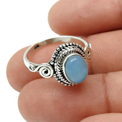 Anello Cocktail In Calcedonio Naturale Blu Misura 7.5 In Argento Sterling 925 - Immagine 1 di 4