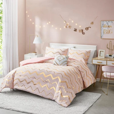 Conjunto de edredom para meninas adolescentes tamanho duplo, bonito conjunto de quarto feminino rosa e dourado - Imagem 1 de 4
