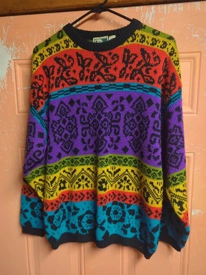 In the Park Vintage Colorful Knit Crew Neck Sweater Size Small Acrylic Oversized - Image 1 of 4