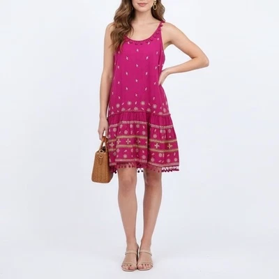 Calypso St Barth Pink Linen Beaded Pom Pom Flounce Dress XS - Image 1 of 4