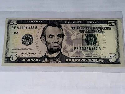 2017 A $5 Fanci  Repeater Serial Number Federal Reserve Currency Bank Note - Image 1 of 4