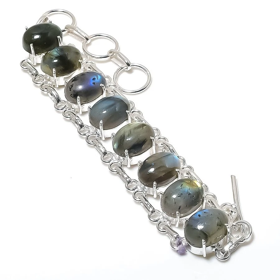 Labradorite Gemstone Handmade 925 Sterling Silver Jewelry Bracelet Size 7-8" - Image 1 of 1