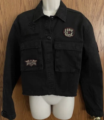 Chaqueta de Jean Affliction Negra Desgastada Denim Recortada Sin Dobladillo Para Mujer Talla Med. Foto 1 de 4