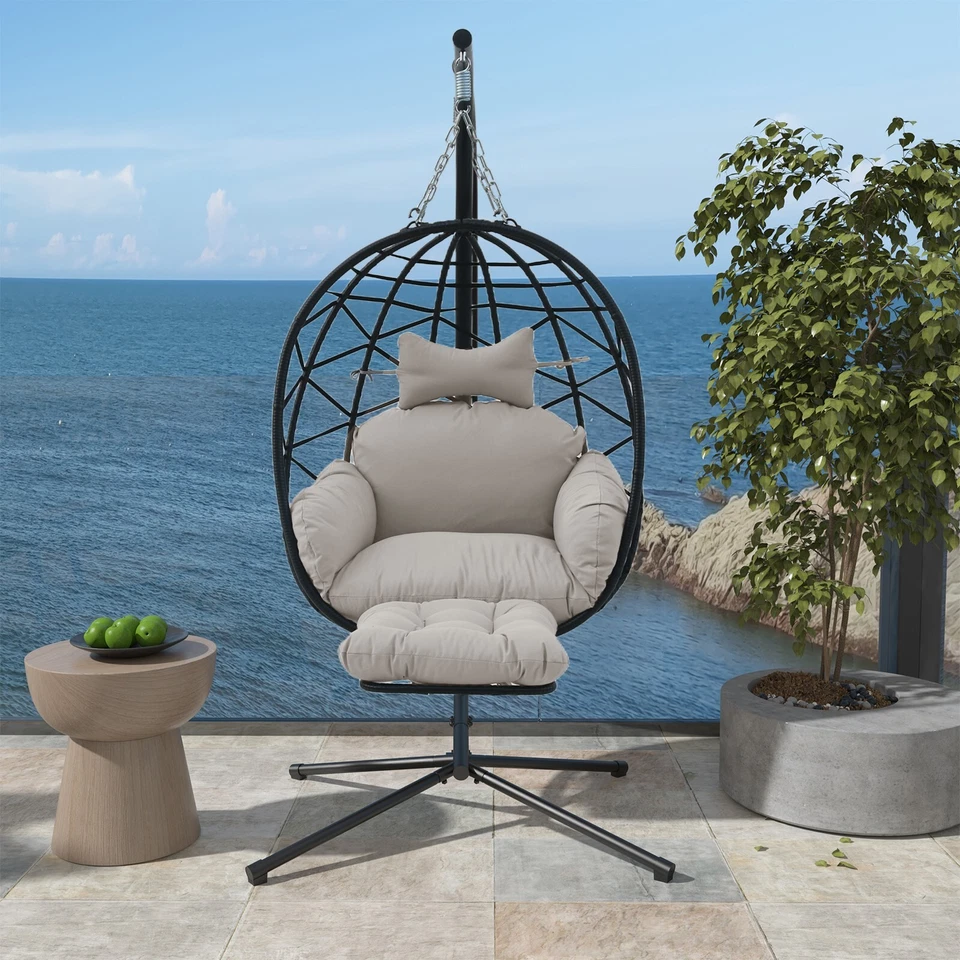 VIXLON Hanging Egg Chair with Stand Leg Rest Outdoor with Gray Cushion Swinging Chair