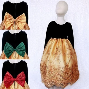 Gold Embroidery Long Sleeve Black Velvet Flower Girl Dress Chic 2 4 6 8 10 12 14 - Picture 1 of 18