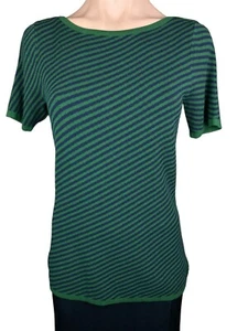 Ann Taylor Pullover Sweater Sz S Green/Navy Diagonal Stripes Short Sleeve Nylon - Picture 1 of 5