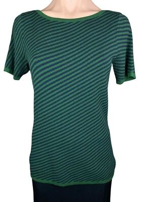 Suéter Pullover Ann Taylor Talla S Verde/Azul Marino Rayas Diagonales Manga Corta Nylon Foto 1 de 4