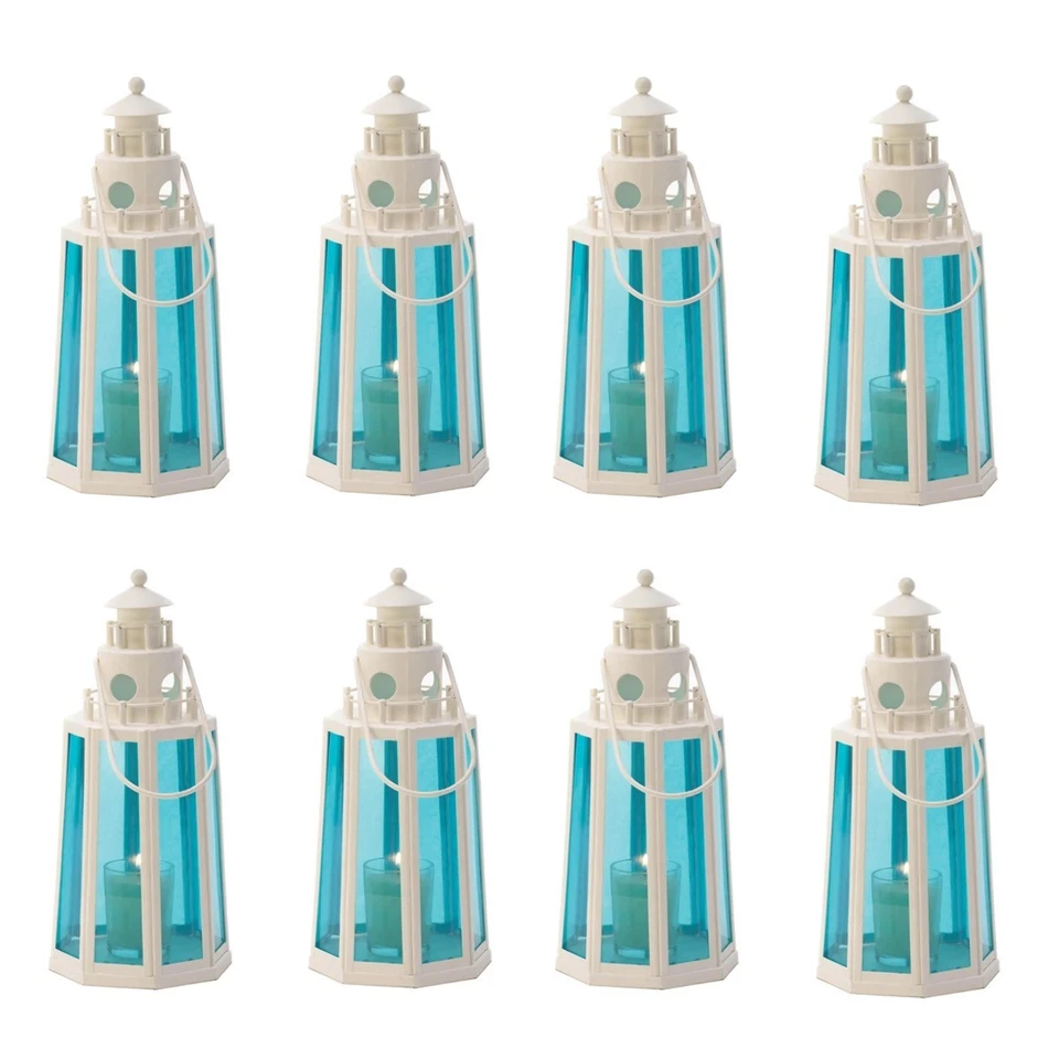 8 Pc Wedding Discount Lot Blue Candle Lantern Lighthouse Nautical Decor 10" H - Image 1 of 4