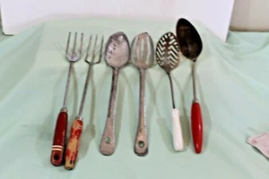 Lot of 6 Vintage Antique Kitchen Utensils spoons Forks red handle - Picture 1 of 5