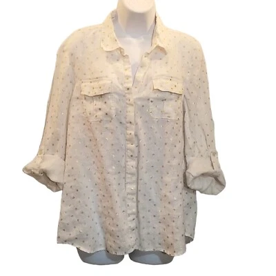 Charter Club Linen Top Womens L White Gold Metallic Polka Dot Roll Tab Sleeve - Image 1 of 4
